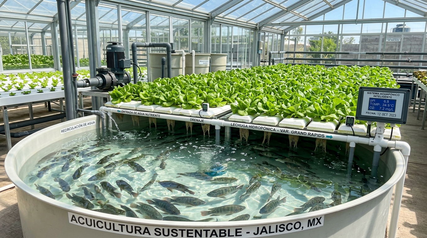Cultivo acuapónico inteligente en vivo con tilapia y lechuga hidropónica